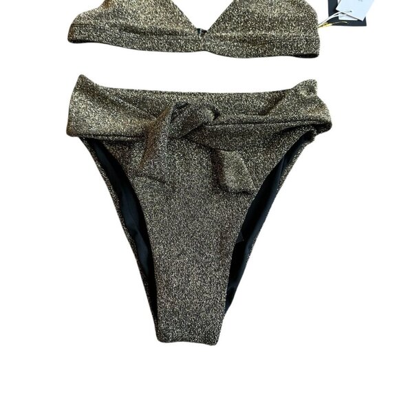 SOAH Sandy Triangle Bikini Top + High-Waisted Bottoms Swimsuit Gold Small NWT - Picture 3 of 12